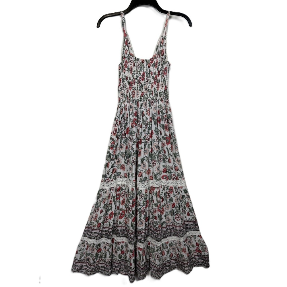 Angie Floral Smocked Back Maxi Dress Pink Green Boho Lace Trim Small
